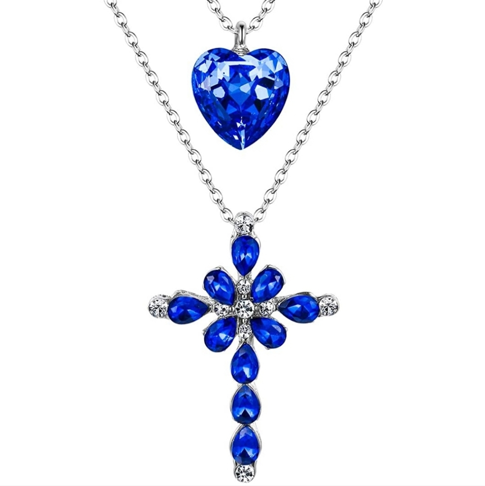 Blue Rhinestone Heart and Cross Double Necklace NWT
